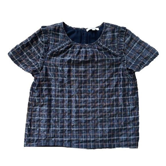 LOFT Metallic Navy Plaid Ruffle Short Sleeve Top, L - Picture 3 of 12